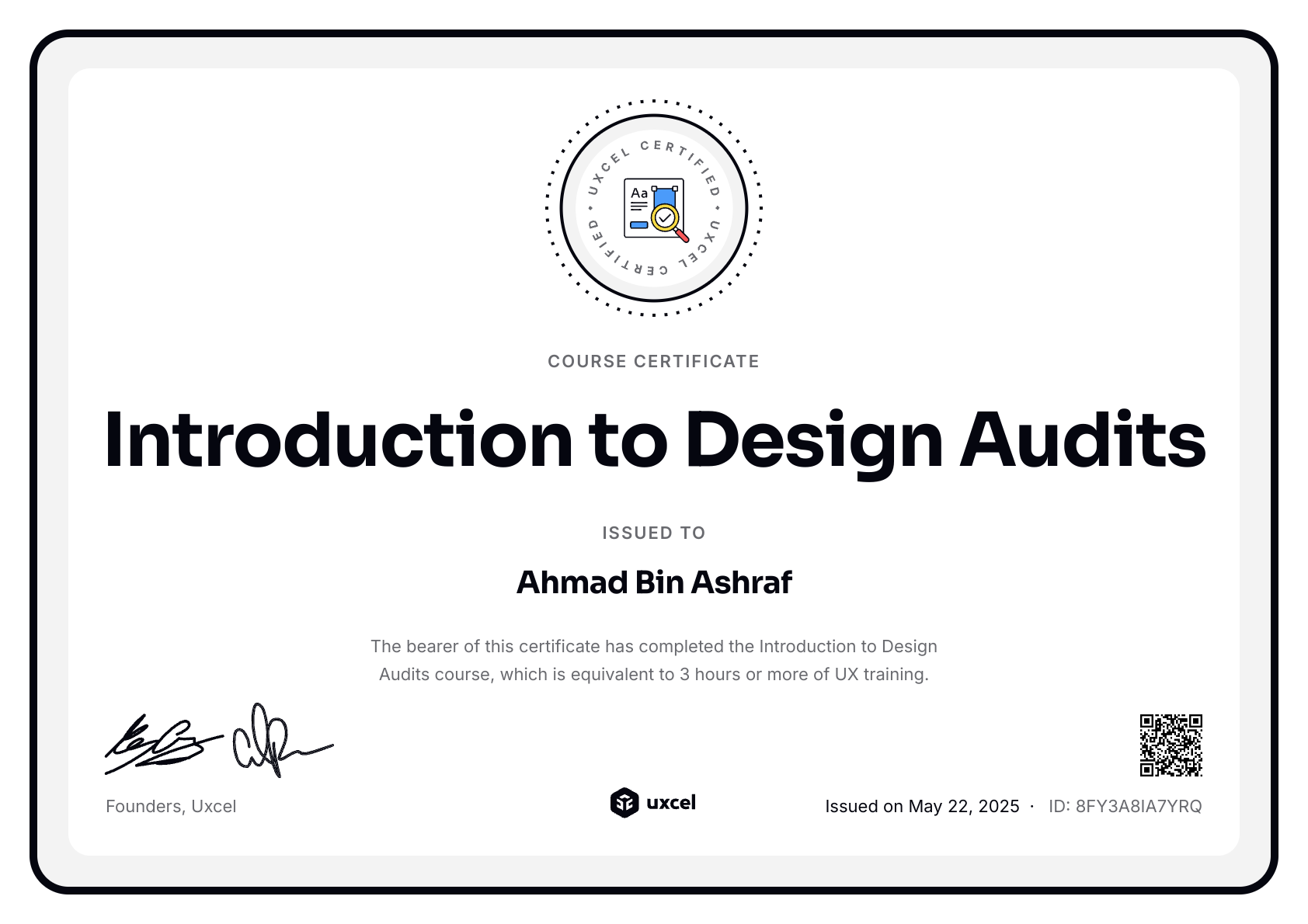 Ahmad Bin Ashraf's certificate